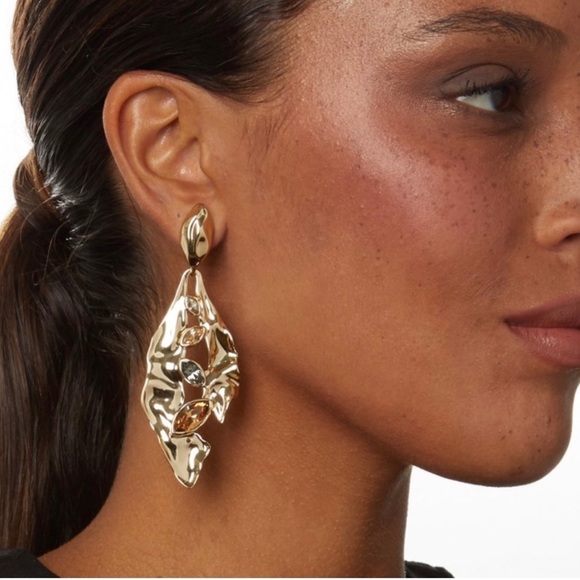 ALEXIS BITTAR Crumpled Metal Navette Drop Earrings with Swarovski Crystal Gems - Picture 6 of 7